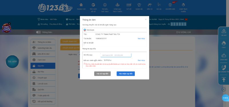 Chỉ dẫn newbie gửi tiền vào tài khoản 123B
