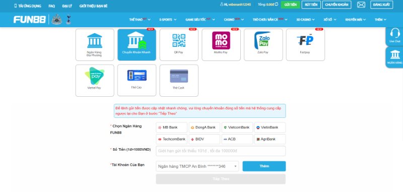 Các bước nạp tiền FUN88 với chuyển khoản nhanh
