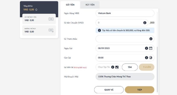  Các bước thực hiện nạp tiền M88