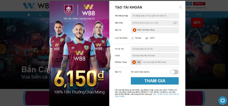 Điền thông tin đăng ký W88