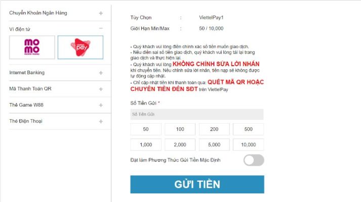 Dùng Momo hoặc Viettel Pay nạp tiền W88