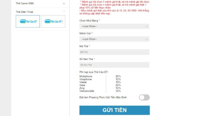 Dùng thẻ cào nạp tiền W88