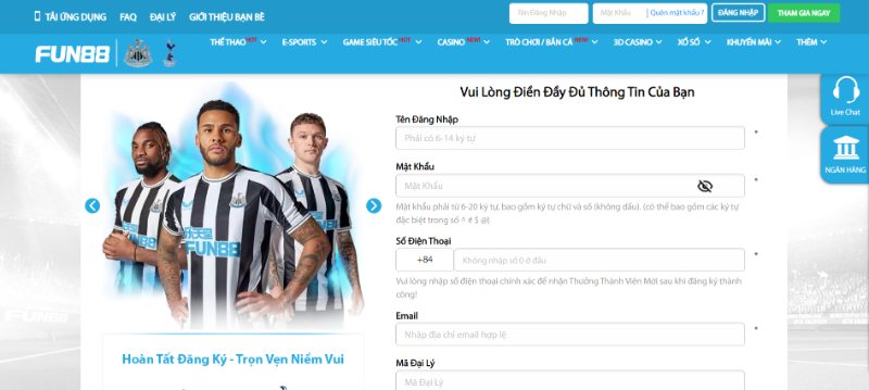 Cách thức đăng ký tài khoản thành viên FUN88