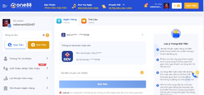 Hướng dẫn rút tiền ONE88 qua ngân hàng
