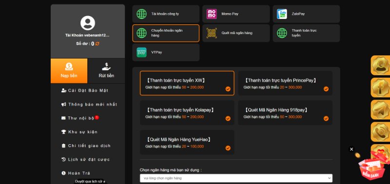 Thao tác nạp tiền i9Bet dễ hiểu