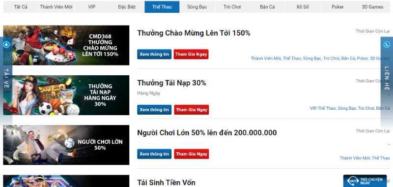 Khuyến mãi CMD368 cho sảnh cược thể thao