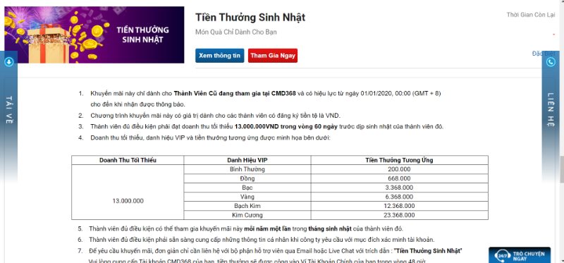 Khuyến mãi CMD368 ưu đãi vào sinh nhật