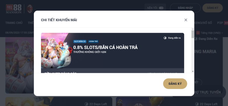 Khuyến mãi M88 hoàn trả bắn cá/Slots 0.8%