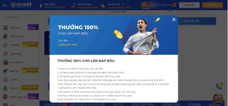 Khuyến mãi ONE88 gửi tiền lần đầu cộng thêm 150%