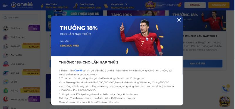 Khuyến mãi ONE88 lần nạp thứ 2
