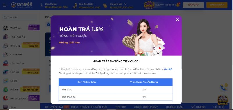 Khuyến mãi ONE88 siêu hoàn trả 1,5% cho tổng cược