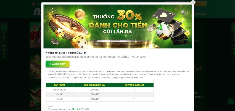 Khuyến mãi thưởng 30% cho lần chuyển tiền thứ 3 tại FB88