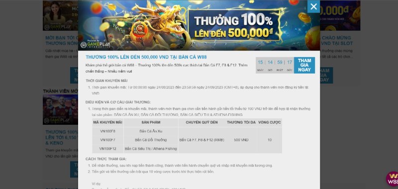 Khuyến mãi W88 nạp thưởng 100% với bắn cá lên tới 500.000 VND