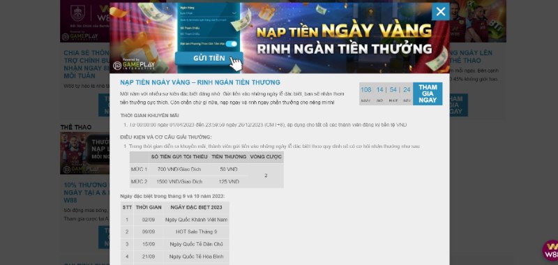 Khuyến mãi W88 thể thao nạp tiền ngày vàng, rinh ngay tiền thưởng