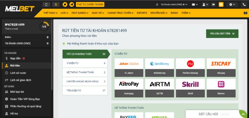 Chỉ dẫn rút tiền MELBET an toàn