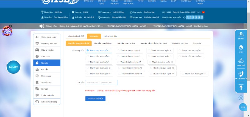 Nạp tiền 123B online