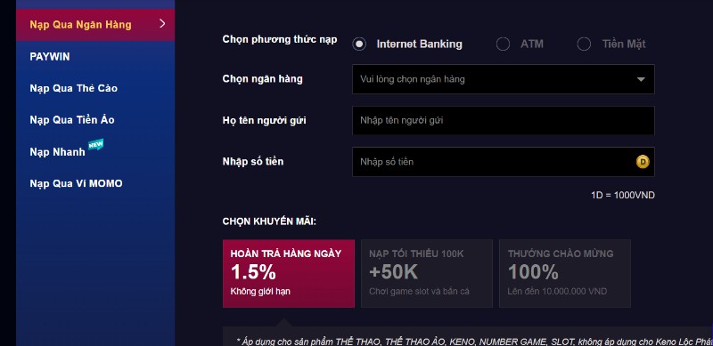 Nạp tiền FCB8 qua ngân hàng