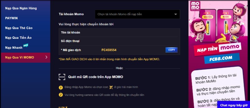 Nạp tiền FCB8 với ví Momo
