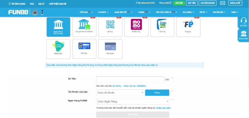 Nạp tiền FUN88 qua ngân hàng nội địa