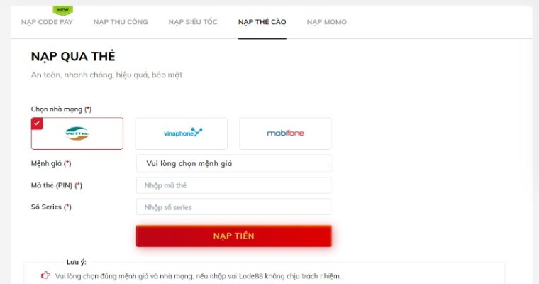 Nạp tiền LODE88 thẻ cào 