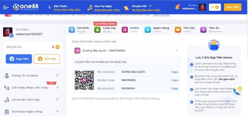 Nạp tiền ONE88 qua MOMO