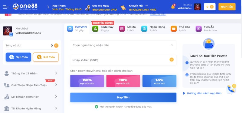 Nạp tiền ONE88 qua Paywin