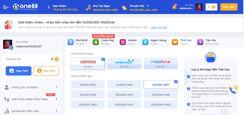 Nạp tiền ONE88 qua thẻ cào