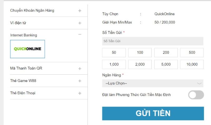Nạp tiền W88 qua ngân hàng nội địa