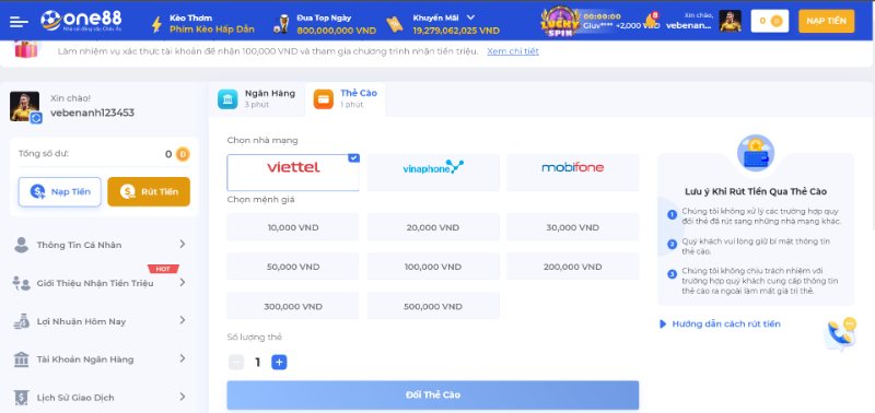 Hướng dẫn rút tiền One88 siêu tốc