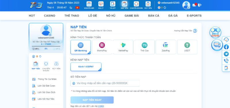 Mô tả quy trình gửi tiền vào nhà cái P3 chi tiết