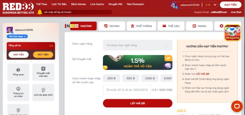 Hướng dẫn nạp tiền RED88 nhanh gọn lẹ