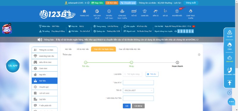 Rút tiền 123B bằng tiền ảo