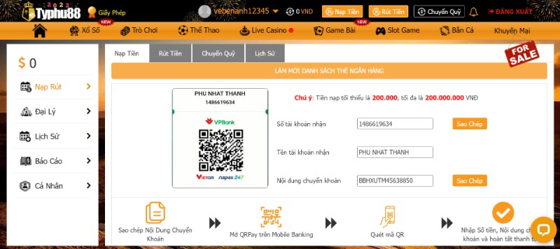 Hướng dẫn nạp tiền TYPHU88 dễ hiểu