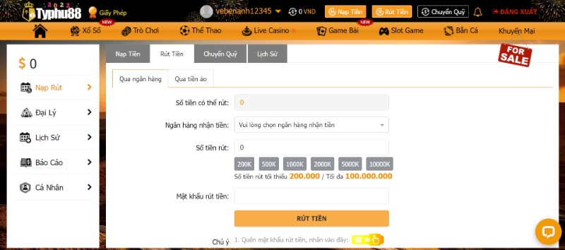 Hướng dẫn rút tiền TYPHU88 siêu tốc