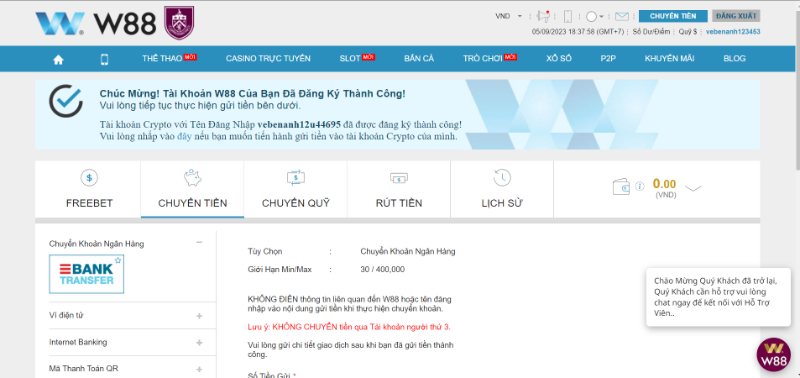 Cách cho game thủ gửi tiền vào tài khoản W88